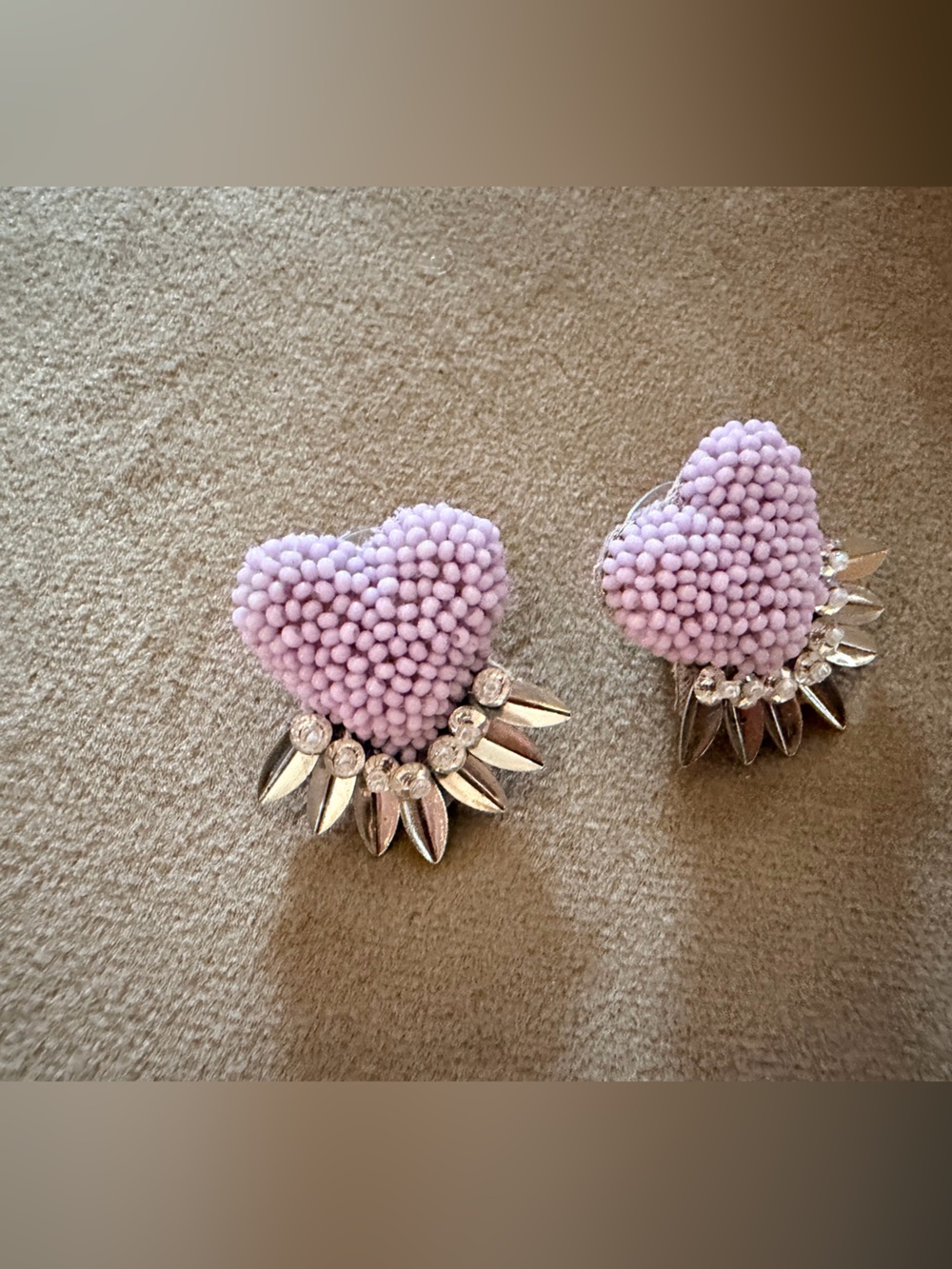 Lilac Heart Beaded Clip-On Earrings with Silver Spike Accents